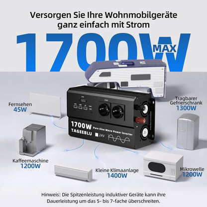 1700W 24V Pure Sine Wave inverter 24v 220v, 4 EU sockets, Type C 30W, Fast charging USB 25W, 3 USB ports, LED display