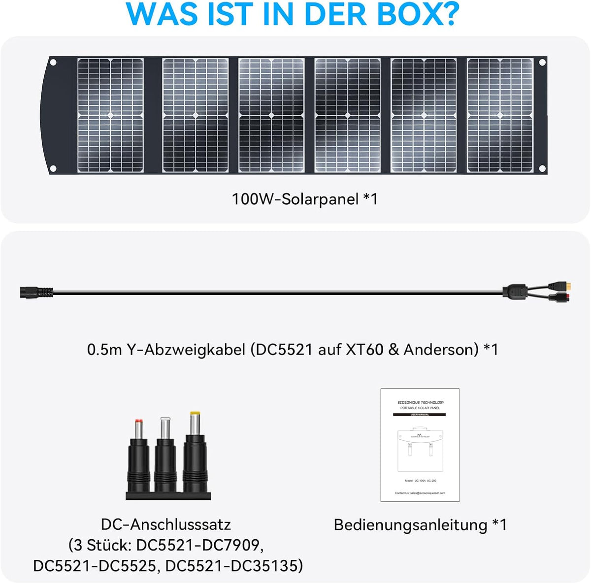 Ecosonique 100 W opvouwbaar zonnepaneel, 23,5% rendement en 45 W PD snel opladen, monokristallijn zonnepaneel met USB-C PD3.0 USB-A QC3.0 20V DC uitgang, verstelbare standaard voor powerstations en