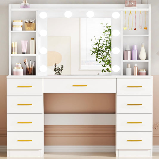 ANWBROAD Large LED Dressing Table, 3 Colours, Adjustable Brightness, Vanity Table with Mirror, Dressing Table with 9 Drawers, 6 Open Shelves, 5 Jewellery Hooks, Modern White BDT89W - QUORE