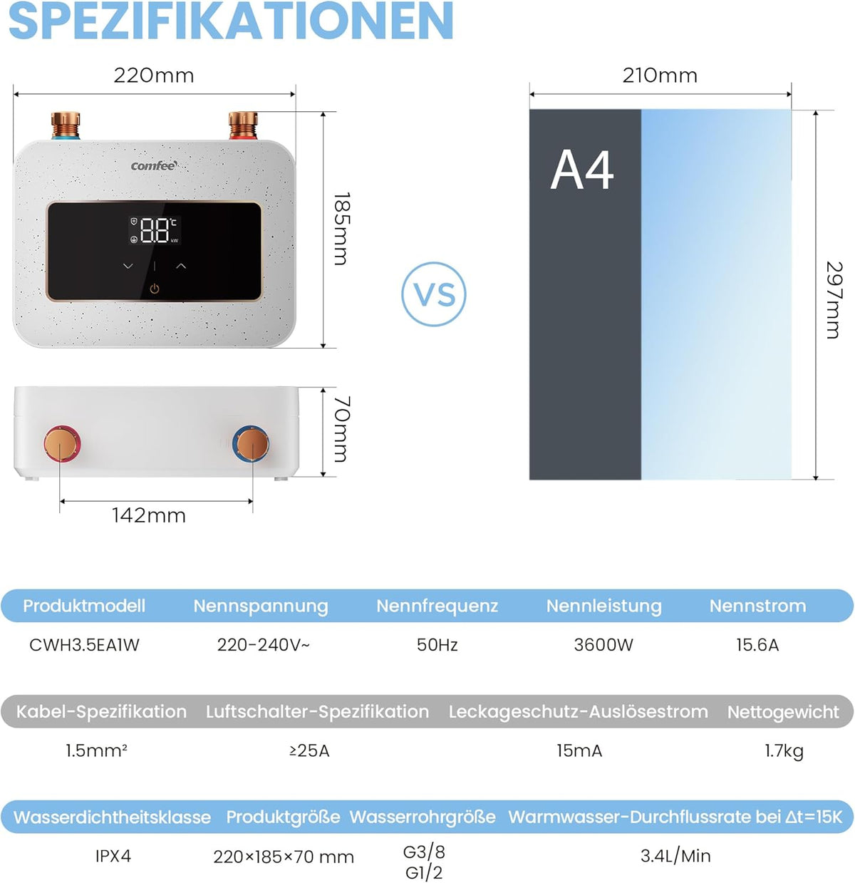 COMFEE CWH3.5EA1W Mini-doorstroomboiler, 3,6 kW, voor wastafel, elektrische doorstroomboiler, klein, 230 V onderbouw, elektronisch geregeld, drukvast, onmiddellijke warmwaterbereiding, ruimtebesparend