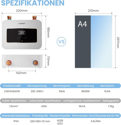 COMFEE CWH3.5EA1W Mini-doorstroomboiler, 3,6 kW, voor wastafel, elektrische doorstroomboiler, klein, 230 V onderbouw, elektronisch geregeld, drukvast, onmiddellijke warmwaterbereiding, ruimtebesparend