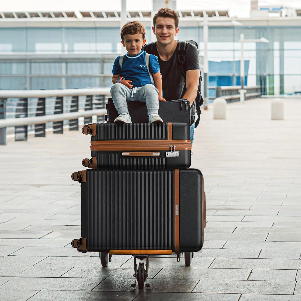 Joyway Kofferset van ABS hardshell uitbreidbare trolley kofferset met 4 wielen en TSA-slot De bagageset bevat 1 reistas en 1 toilettas, zwart, Kofferset 5tlg