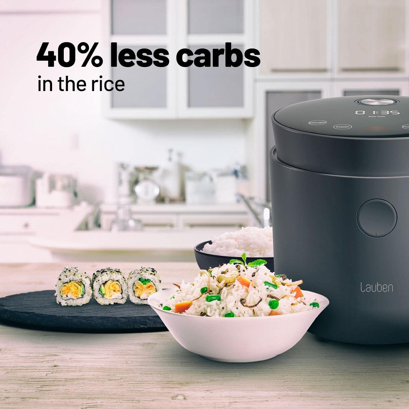 Lauben Low Sugar Rice Cooker 1500AT Rijstkoker met lage suikerfunctie, inhoud 1,5 l, timer, warmhoudfunctie, binnenbak vaatwasmachinebestendig, antiaanbaklaag