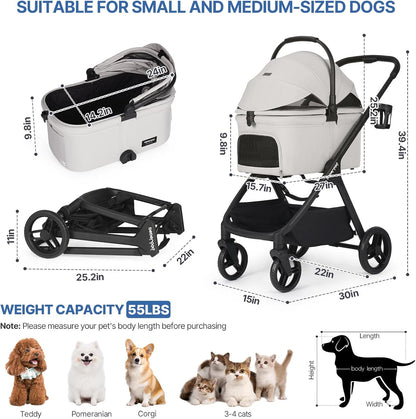 Beberoad Pets X-5 Huisdierbuggy voor middelgrote honden onder 25 kg of 2 kleine honden en katten, inklapbaar en met draagtas, afneembare grijze kap en bekerhouder (grijs, X5)