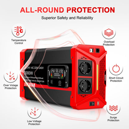 JIGUUN 3000W Omvormer 24V 230V Zuivere sinus Converter inverte met 2 EU stopcontacten & 3 USB+Tycp-C poorten, afneembare afstandsbediening en LCD display Piekvermogen 9000W