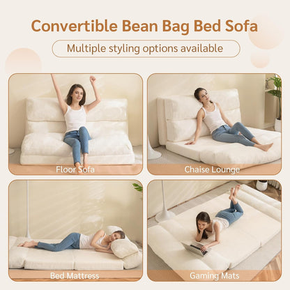 MAXYOYO Bean Bag Bed Foldable Sofa Bed Floor Mattress for Adults, Extra Thick 6 Fold Floor Sofa Floor Sofa Floor Sofa for Bedroom Living room,Beige,135x240cm