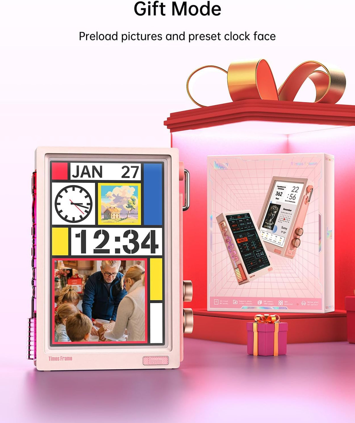Divoom Times Frame Transparante digitale fotolijst (10,1 inch) met wifi en 64 GB, IPS-display met zwevend effect en RGB-draaiknop, 400+ wijzerplaten, widgets en pixel-art community (roze)