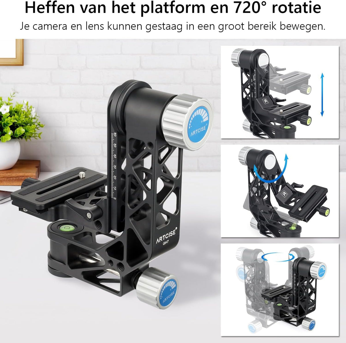 ARTCISE gimbal statiefkop met handvat, GH7 draagbare lichtgewicht heavy duty koppen met standaard 1/4 '' quick release plaat en bubbelniveau voor DLSR camera statief, max belasting 25kg