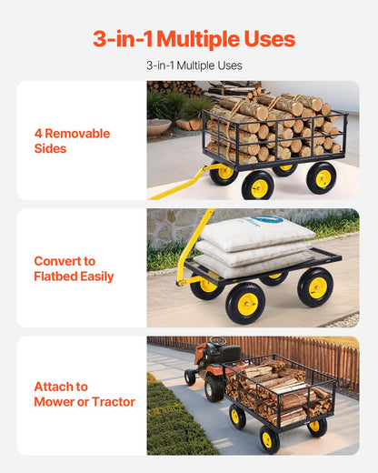 VEVOR Handcart 116.8 x 76 x 43 cm Transport Trolley Garden Trolley Tool Trolley 2-in-1 Hand Trolley with 13-Inch All-Terrain Tyres, Removable Mesh Side Panels and 180° Swivel Handle