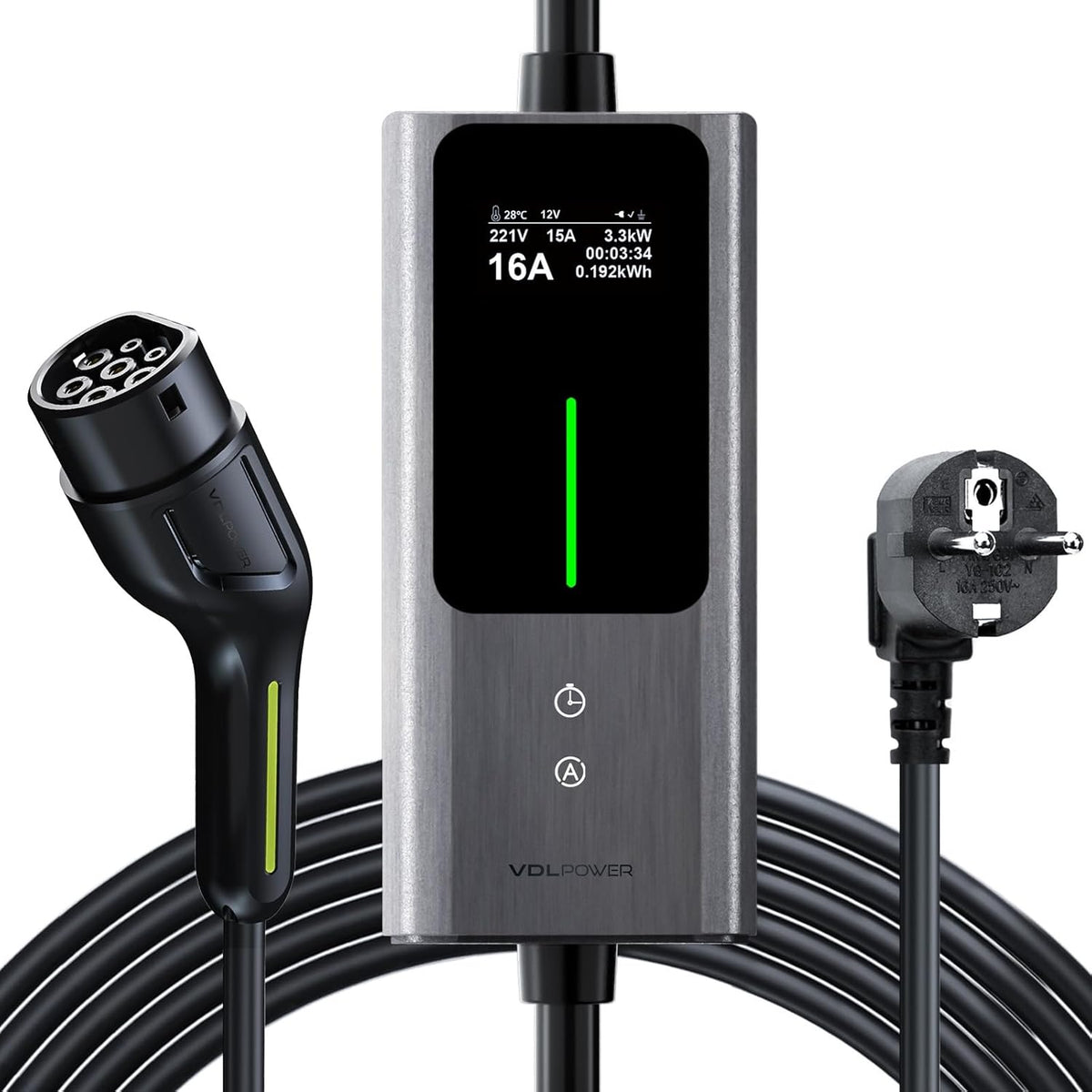 Type 2 oplaadkabel Schuko 3,68 kW | 6-16 A | 5 m, 1-fase EV oplader met bestuurbaar digitaal display, IP65 voor elektrische auto's IEC 62196-2 PHEV
