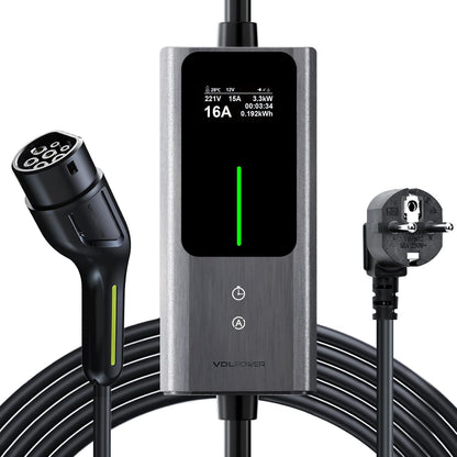 Type 2 oplaadkabel Schuko 3,68 kW | 6-16 A | 5 m, 1-fase EV oplader met bestuurbaar digitaal display, IP65 voor elektrische auto's IEC 62196-2 PHEV