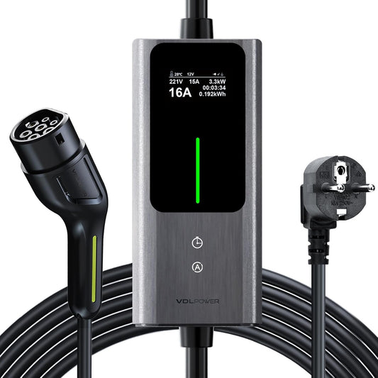 Type 2 oplaadkabel Schuko 3,68 kW | 6-16 A | 5 m, 1-fase EV oplader met bestuurbaar digitaal display, IP65 voor elektrische auto's IEC 62196-2 PHEV