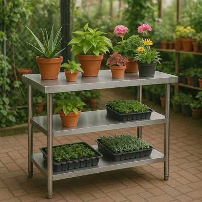 Wiltec roestvrijstalen werktafel 120x60x85 cm, horeca keukentafel 120 kg met 2 planken, gastronomie keukenwerktafel met opslagplanken, rvs restaurant bereidingstafel tafelblad
