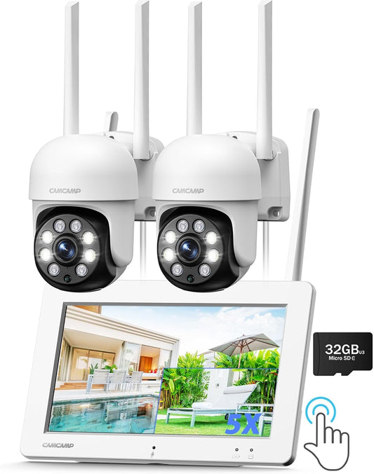 3MP Bewakingscamera voor Buiten met Monitor, Draadloze Bewakingscamera met 7" Touchscreen NVR Monitor, 2K Bewakingscamera met Monitor & 32 GB MicroSD, Kleur Nachtzicht 2-Weg Audio, Bewegingsdetectie