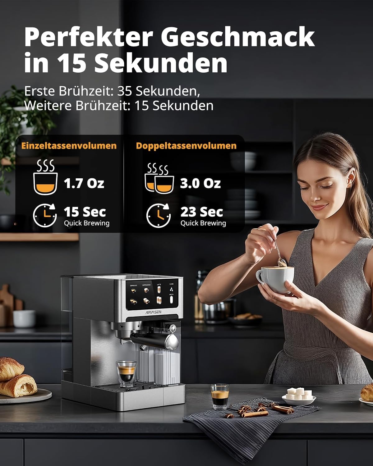AIRMSEN Espressomachine 20 Bar – Cappuccino & Latte Machine, Dubbelboiler Koffiemachine (1350W & 1000W), Extractie in 15s, Roestvrij Staal, Afneembaar Waterreservoir 1,8L, Touchscreen