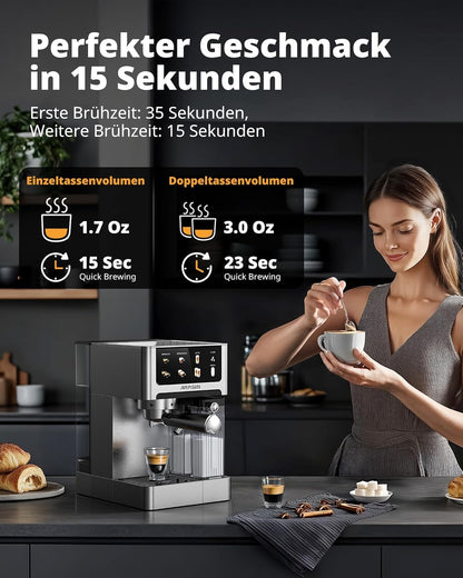 AIRMSEN Espressomachine 20 Bar – Cappuccino & Latte Machine, Dubbelboiler Koffiemachine (1350W & 1000W), Extractie in 15s, Roestvrij Staal, Afneembaar Waterreservoir 1,8L, Touchscreen