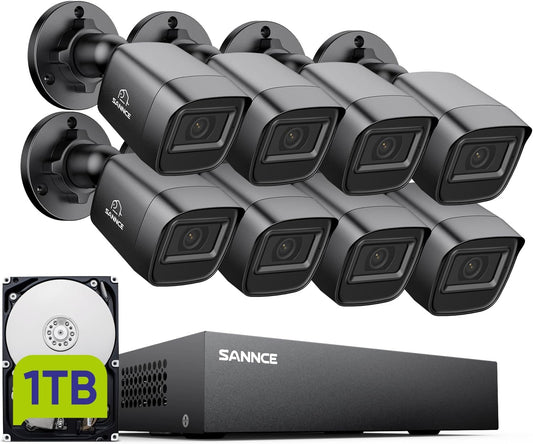SANNCE TVI 1080P 8CH DVR Recorder Surveillance System with HDD 1TB and 8 Surveillance Cameras, 2 MP, Outdoor, Waterproof, for Outdoor, Night Vision