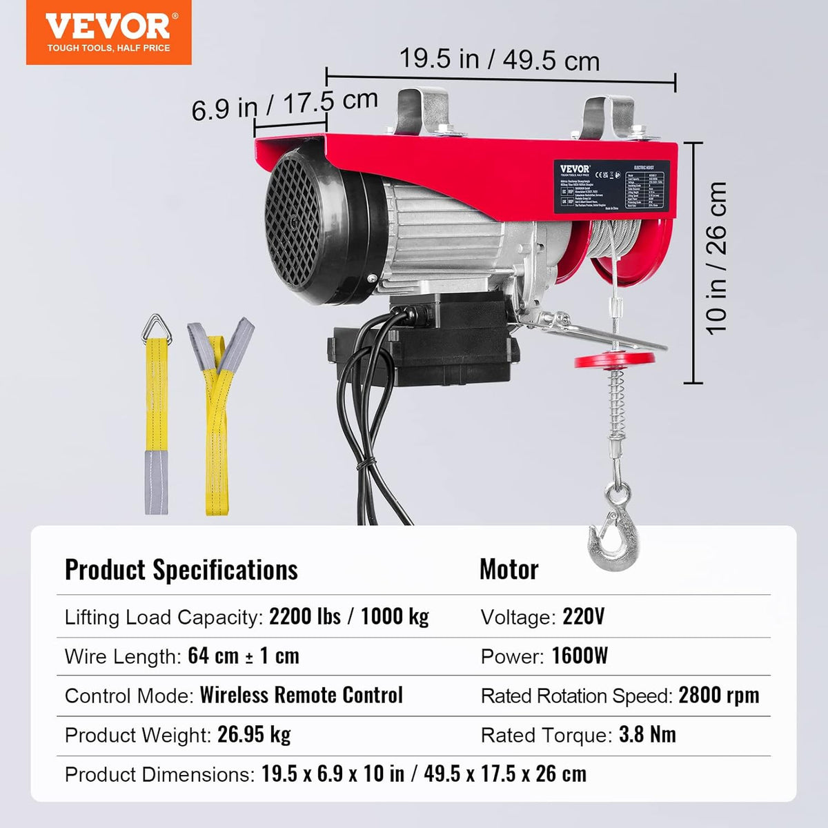 VEVOR Electric winch 500kg to 1000kg lifting height 12m cable motor winch 1600W copper motor pulley 10m/min lifting speed lift with wireless remote cable lifter chain hoist