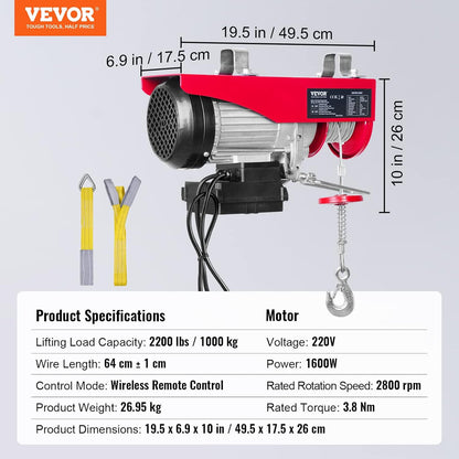 VEVOR Electric winch 500kg to 1000kg lifting height 12m cable motor winch 1600W copper motor pulley 10m/min lifting speed lift with wireless remote cable lifter chain hoist