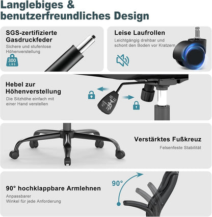 Directiestoel – Bureaustoel – Draaistoel – Werkstoel – Thuiswerkstoel – Ergonomisch Hoogrugontwerp met Lendensteun – Zwart Kunstleer en Inklapbare Armleuningen