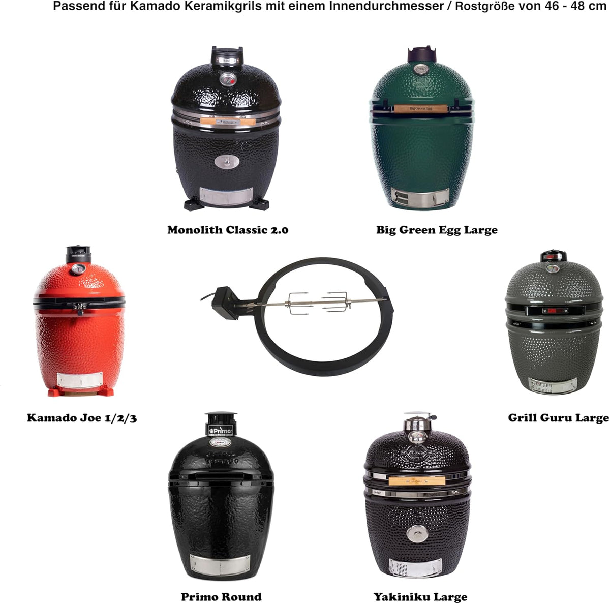 draaispit van aluminium voor Kamado BBQ Large, compatibel met Monolith Classic 2.0, Big Green Egg Large, Kamado Joe Large - grillspit, rotisserie, garen, keramische grill