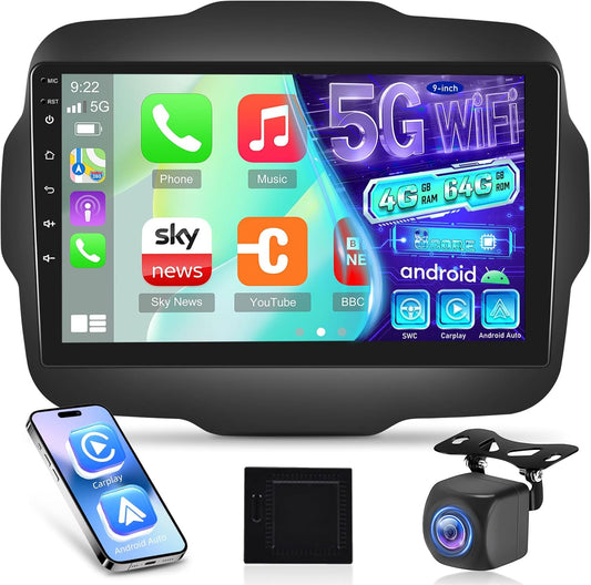 NHOPEEW 8 Core 4+64G autoradio voor Jeep Renegade 2016 2017 2018 2019 2020-9 inch radio-ondersteuning Carplay & Android Auto 5G WiFi & GPS DSP 3D Auto Mondel Display Koelventilator +