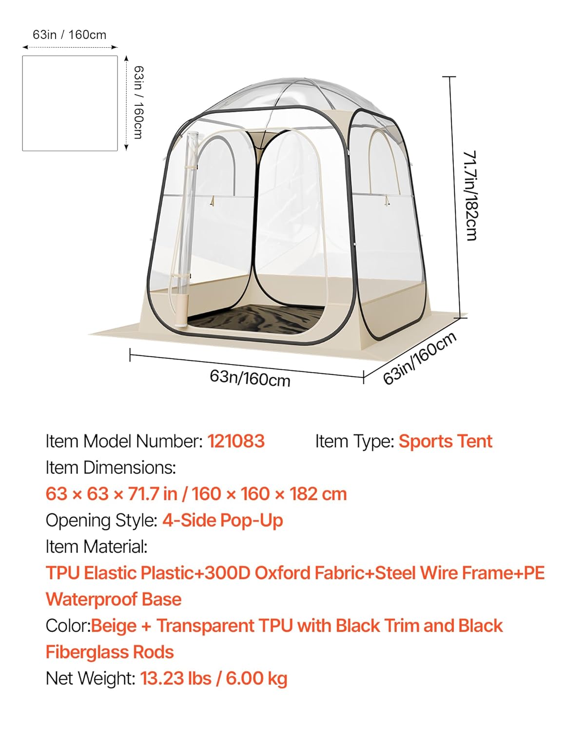 VEVOR Pop-up-sporttent, transparant, 160 x 160 cm, voor 2 tot 4 personen, waterdichte capsule voor buiten, met mat en afdekking, igloo koepeltent voor de tuin