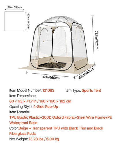 VEVOR Pop-up-sporttent, transparant, 160 x 160 cm, voor 2 tot 4 personen, waterdichte capsule voor buiten, met mat en afdekking, igloo koepeltent voor de tuin