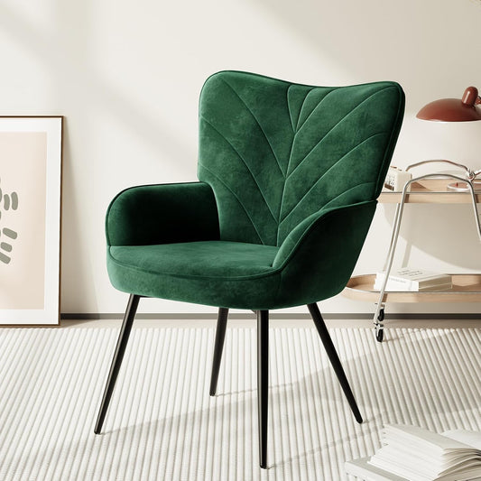 COLAMY Woonkamerstoel, fluwelen beklede relaxstoel met hoge rugleuning, gevoerde comfortstoel met Wingback-design, lounge stoel met houten poten voor woonkamer, leeshoek, groen