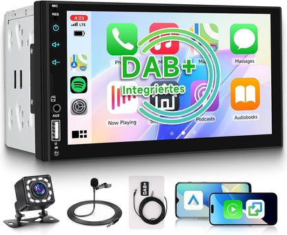 DAB/DAB+ dubbele DIN-autoradio met draadloze Carplay Android Auto Mirror Link, 7-inch touchscreen, 2-DIN-autoradio met Bluetooth, FM EQ, USB/AUX/SWC achteruitrijcamera