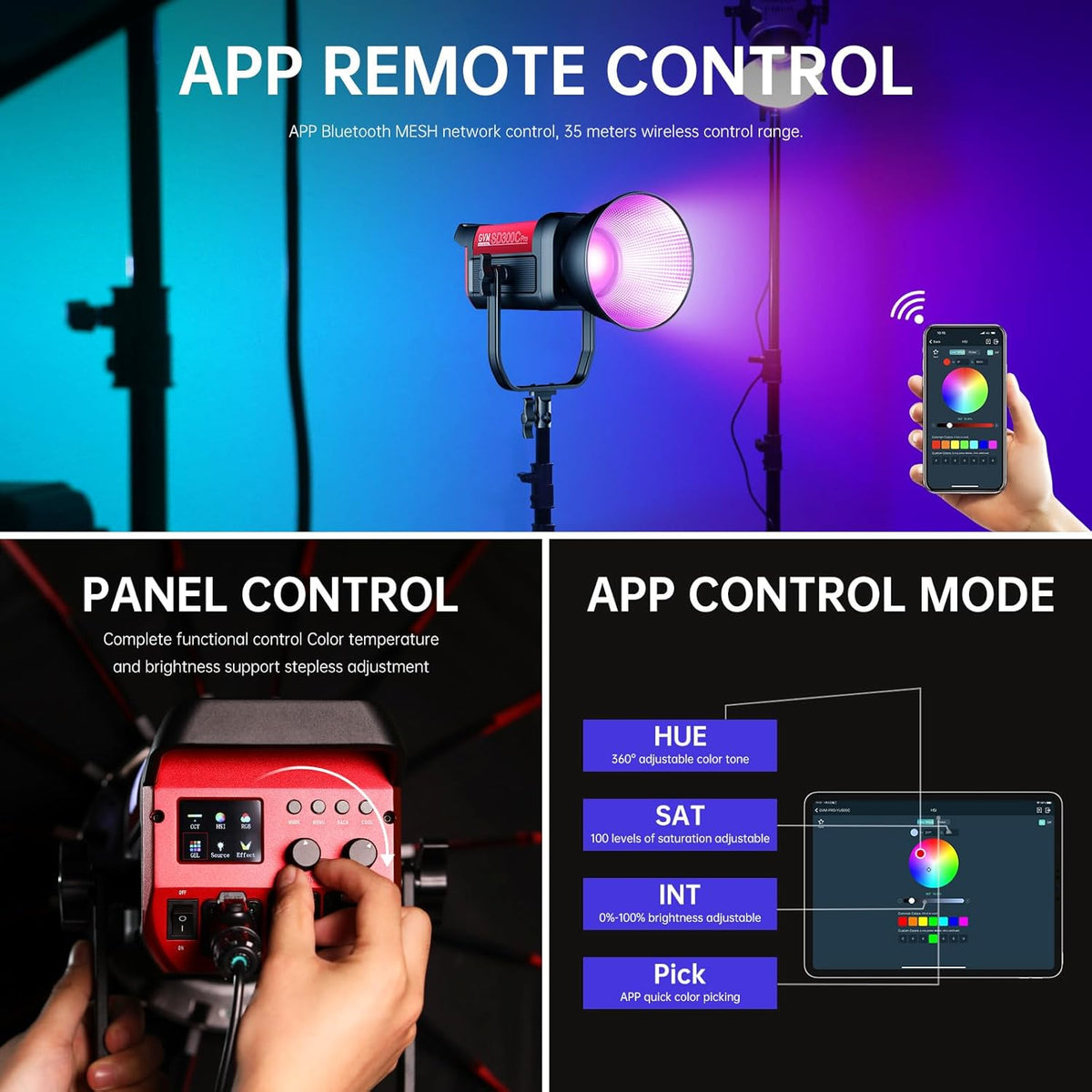 GVM 300C RGB videolamp, 300W Bowens LED studiolamp 2000K-10000K fotografielamp met DMX, 48200 lux/m COB videoverlichting voor het filmen van YouTube, 16 lichteffecten, RGB videolamp Videolicht