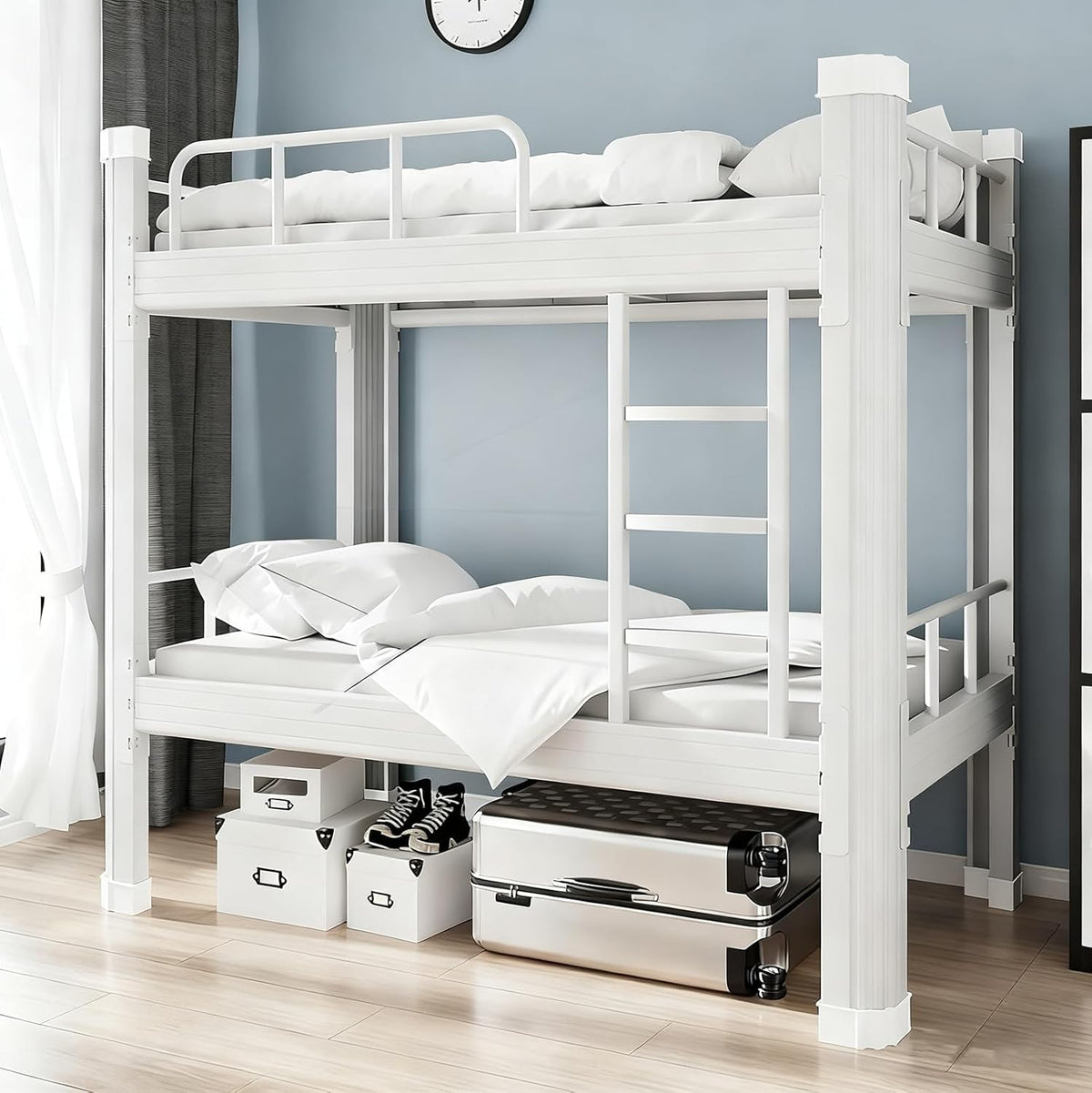 Hoogslaper 120x200 Metalen Bedframe Dubbelstapelbed Volwassen Etageslaper Stapelbed met Ladder en Bedframe Robuust Dubbelstapelbed van Staal voor Tieners en Volwassenen (Wit, 120x200cm)