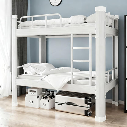 Hoogslaper 120x200 Metalen Bedframe Dubbelstapelbed Volwassen Etageslaper Stapelbed met Ladder en Bedframe Robuust Dubbelstapelbed van Staal voor Tieners en Volwassenen (Wit, 120x200cm)