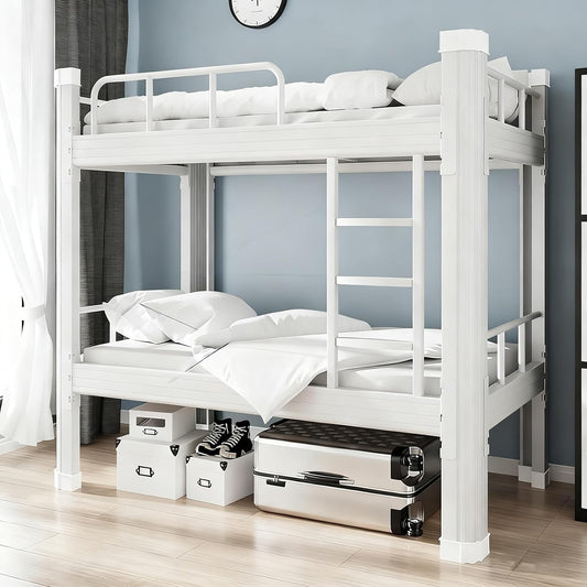 Hoogslaper 120x200 Metalen Bedframe Dubbelstapelbed Volwassen Etageslaper Stapelbed met Ladder en Bedframe Robuust Dubbelstapelbed van Staal voor Tieners en Volwassenen (Wit, 120x200cm)