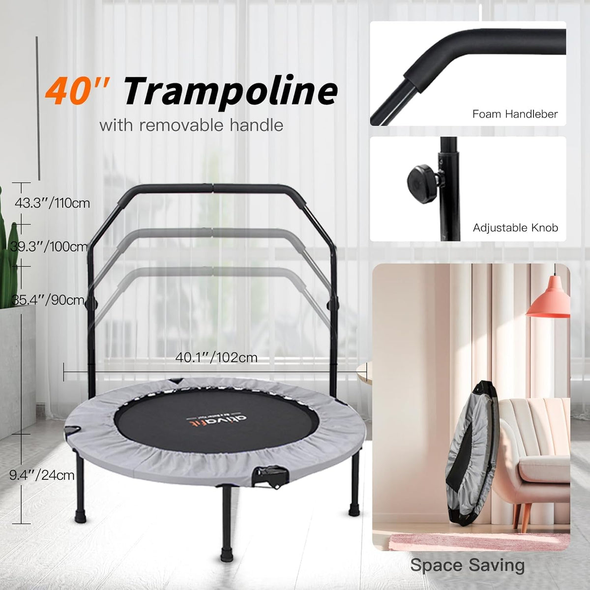ATIVAFIT 102 cm opvouwbare trampoline met verstelbare schuimrubberen handgreep voor binnengebruik door volwassenen Ideaal voor fysieke fitnesstraining binnenshuis Thuis sporten