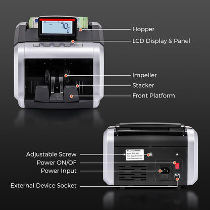 Bonvoisin Bankbiljettenteller, waardemeter voor geordende bankbiljetten met UV/MG/IR-vervalsherkenning, 1000 stuks/min, geldtelmachine met inklapbaar en draaibaar display
