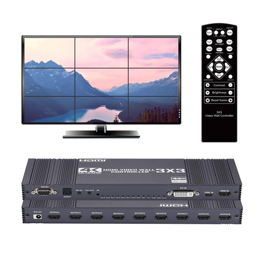 Video Wall Controller 3x3, TV Wall Processor, 4K @30Hz HDMI multi-screen Splicing Processor met HDMI + DVI + USB C input, ondersteuning 13 displaymodi 3x2 2x3 2x2 4x2 2x4 enz