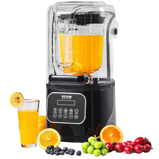 VEVOR Professionele blender met bescherming, gecombineerd met 2 l glazen kruik, roestvrij staal, 9 snelheden en 5 functies, voor smoothies, zwart, 280 x 240 x 505 mm