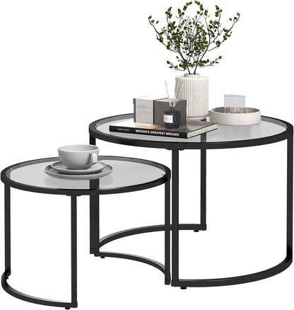 HOMCOM Coffee Table Set of 2, Side Table with Black Steel Frame, Coffee Table with Glass Tabletop, Partially Stackable, for Living Room, Bedroom - QUORE