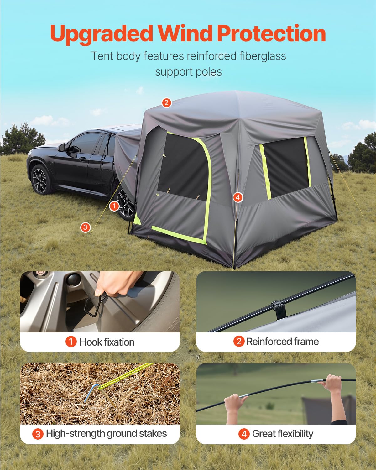 VEVOR Campingtent voor SUV, PU 2000 mm, waterdicht, ruim dubbellaags design voor 5-8 personen, met netramen, inclusief luifel en opbergtas, 2480 x 3080 x 2300 mm