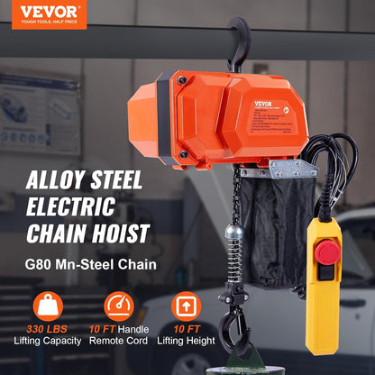 VEVOR Elektrische kettingtakel, 149,7 kg draagkracht, 3 m hefhoogte, 2,3 m/min snelheid, 1-fase elektrische lier met G80-ketting, 3 m kabelafstandsbediening, voor garage, winkel, hotel, thuis