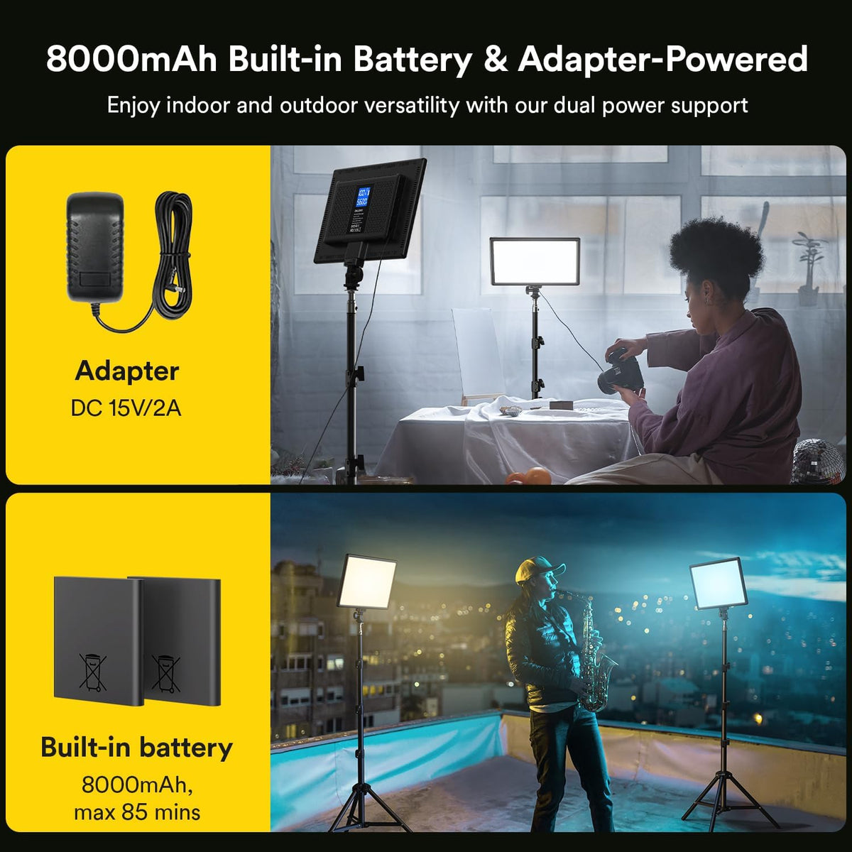 Led-Videolamp – Videolamp, Videolicht, Studiolamp, Fotolamp – Set van 2 met statieven en telefoonhouder – Dimbaar van 0 tot 100% – 3200 tot 5600 K, 8000 mAh batterij