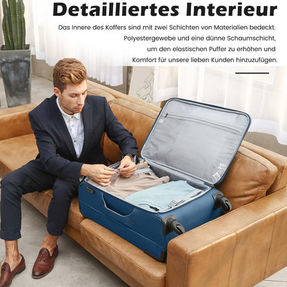 COOLIFE Trolley Koffer Met 4 Wielen Stoffen Handbagage TSA-slot, Set Met Grote Schoudertas, Zwart+Blauw, 4-delig, Nice