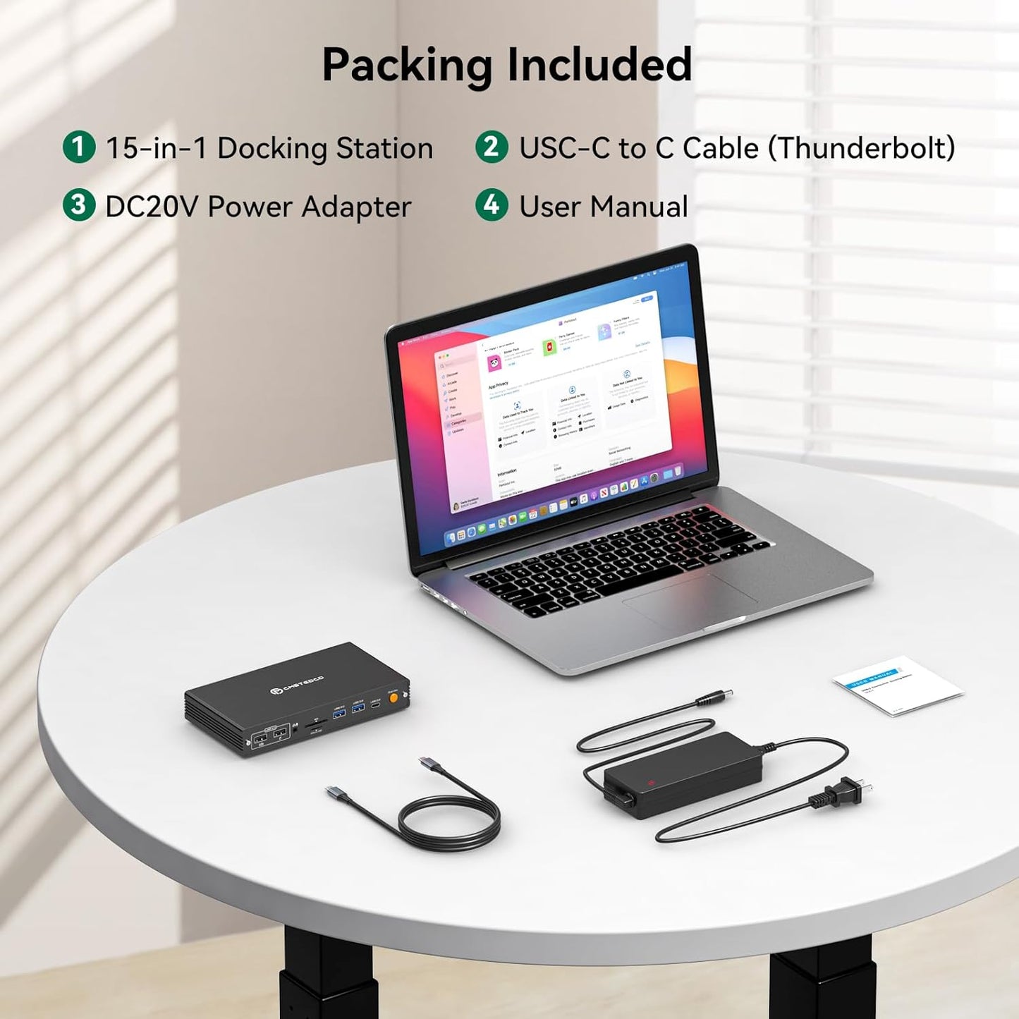 Thunderbolt Docking Station voor MacBook Air/Pro M4 Quad 4K @60Hz monitoren 15-in-1 USB C DisplayLink dockingstation voor Mac laptops met PD 100W, USB 3.2 10 Gbps
