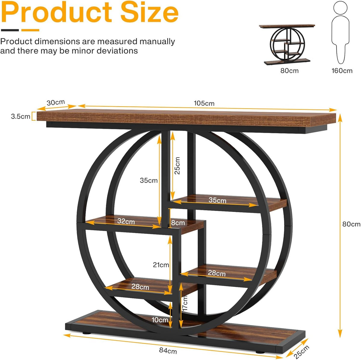 Tribesigns Console Table, 105cm Industrial 6 Tier Sofa Table, Entrance Table with Circle Base, Narrow Wooden Accent Tables with Storage Shelves for Living Room, Hallway, Foyer, Rustic Brown