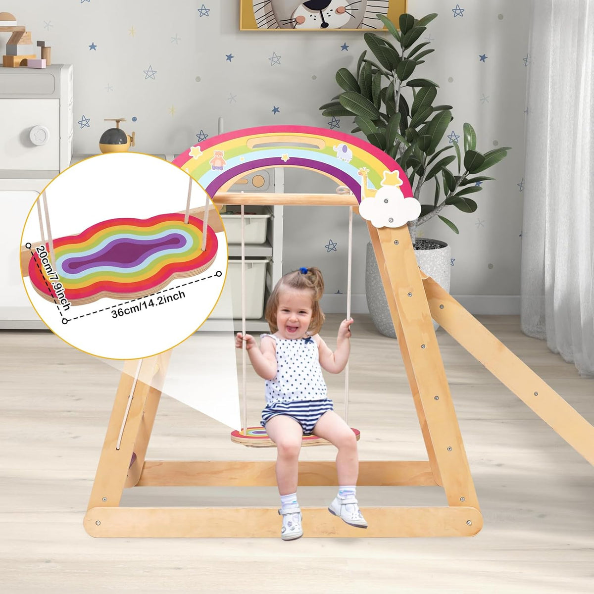 Montessori Klimrek, 5-in-1 indoor speelplaats voor kinderen, met schommel, boog, glijbaan en klimtouw
