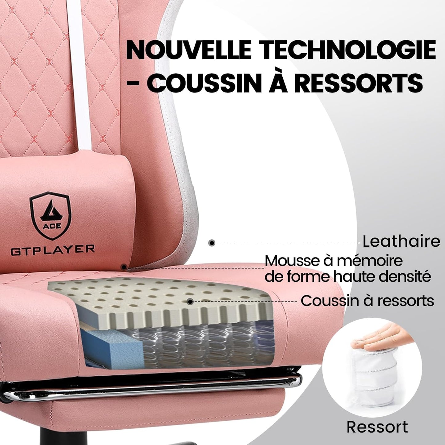 GTPLAYER Ergonomic gaming chair with fabric surface, seat cushion with springs, connecting armrests and footrest, pink - QUORE