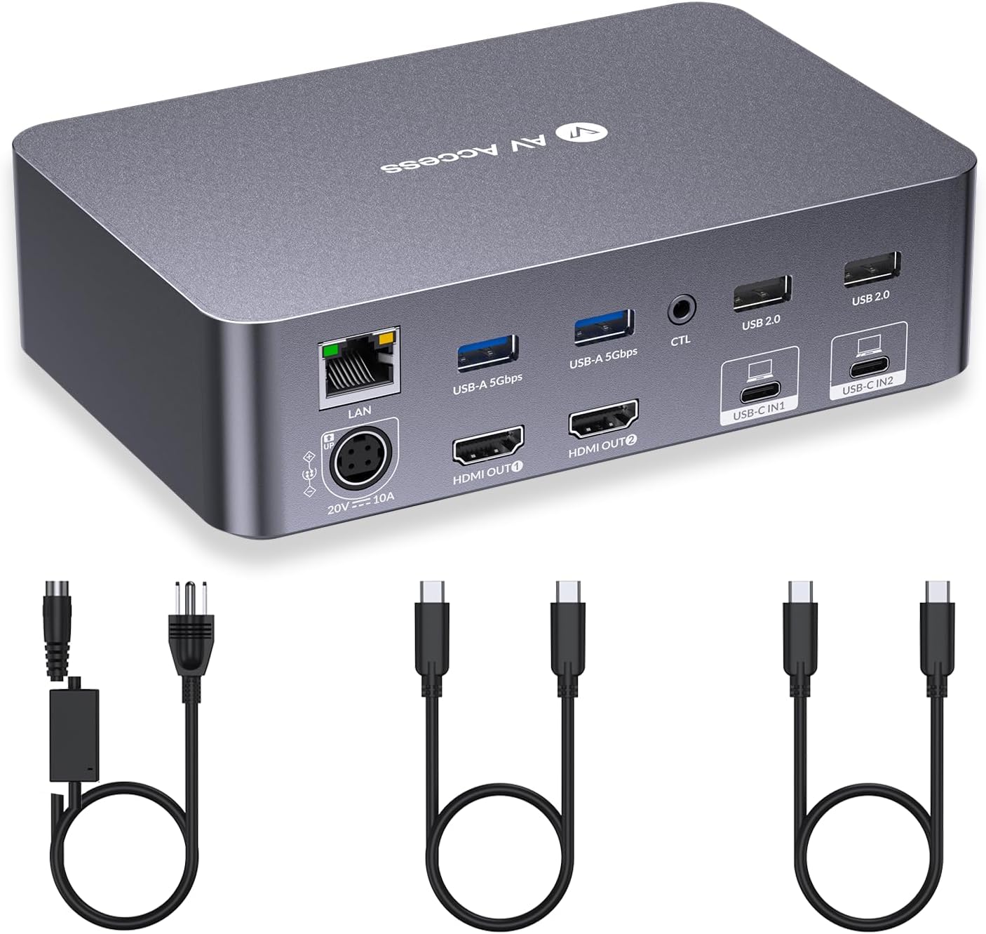 AV Access Docking Station KVM-switch 2 monitoren 2 laptops, 4K KVM dubbel scherm, 2 USB-C MST-poorten, 60 W PD voor elke pc, 1G Ethernet, EDID-emulatie, 2K @144Hz, 1080P@240Hz, perfect voor