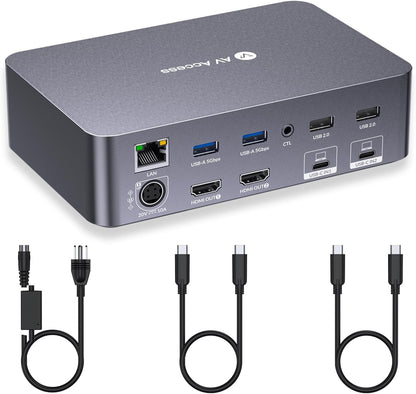 AV Access Docking Station KVM-switch 2 monitoren 2 laptops, 4K KVM dubbel scherm, 2 USB-C MST-poorten, 60 W PD voor elke pc, 1G Ethernet, EDID-emulatie, 2K @144Hz, 1080P@240Hz, perfect voor