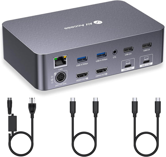 AV Access Docking Station KVM-switch 2 monitoren 2 laptops, 4K KVM dubbel scherm, 2 USB-C MST-poorten, 60 W PD voor elke pc, 1G Ethernet, EDID-emulatie, 2K @144Hz, 1080P@240Hz, perfect voor